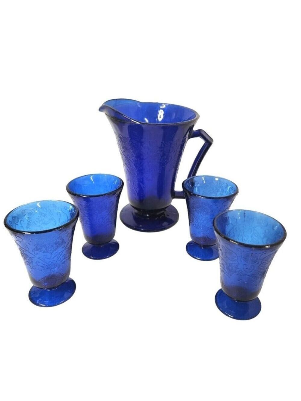 Vintage Cobalt Blue Glass Pitcher Set Florentine 2 Upper Deck 5 Piece Taiwan Emb